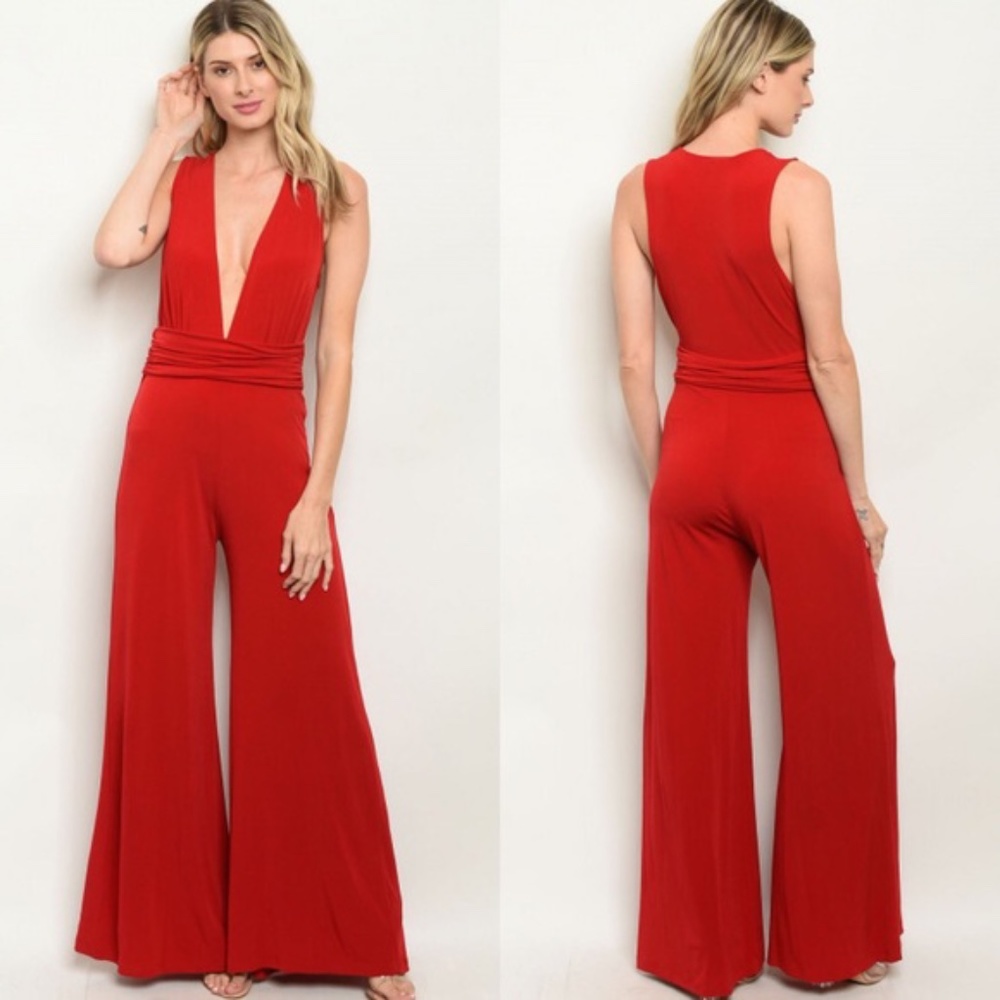 S L Sleeveles Plunge Neckline Wide Leg Jumpsuit